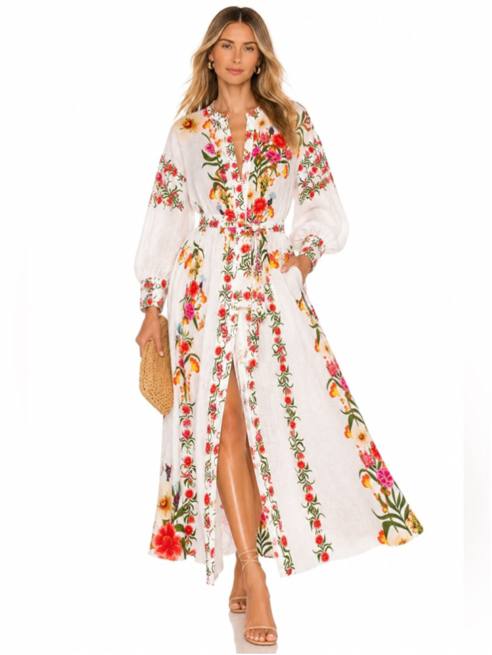 Borgo de Nor 100% Linen Floral Maxi Shirt Dress Size 14 Belted Resort Boho
